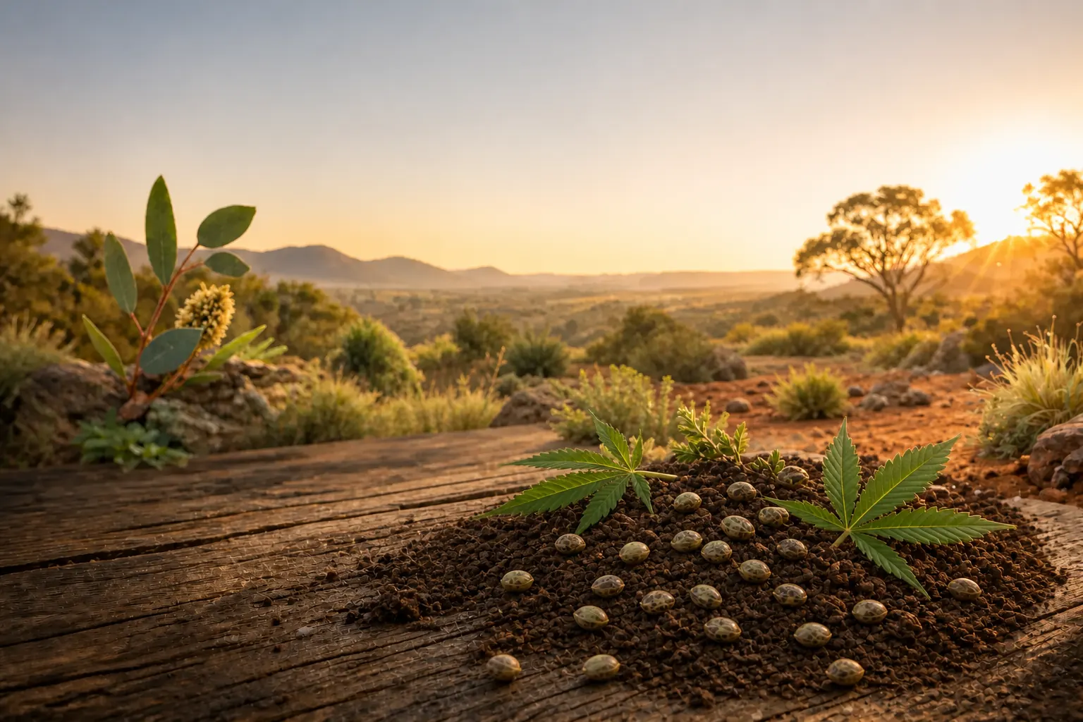 Small cannabis seeds with fresh leaves and growing soil in warm Australian morning light