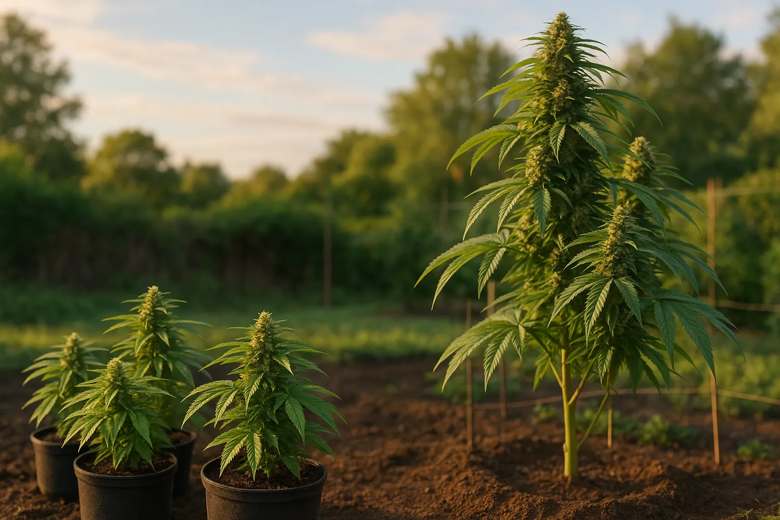 Autoflower vs feminized outdoor cannabis plants in a garden