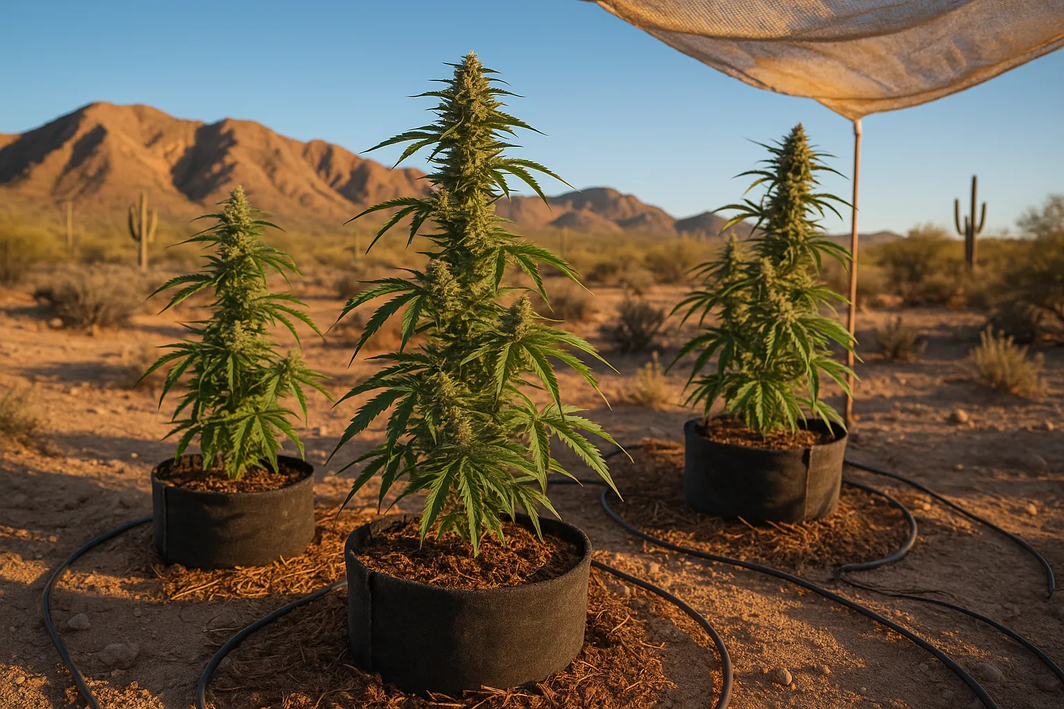 Cannabis plants thriving in a hot desert climate
