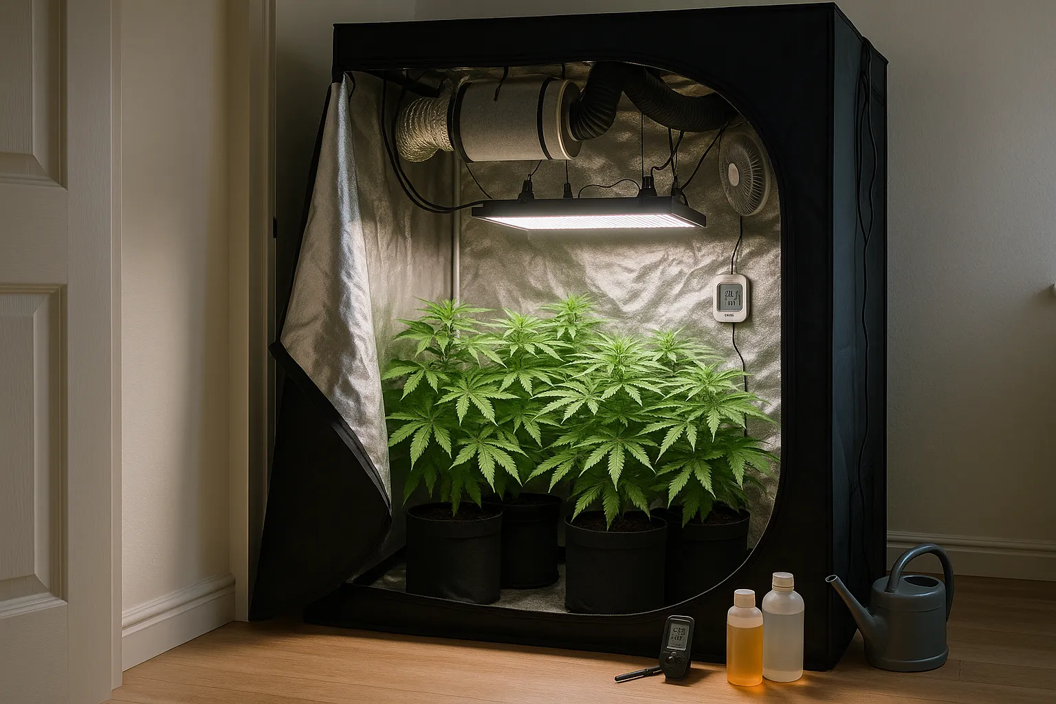 Cannabis plants growing in an indoor grow tent