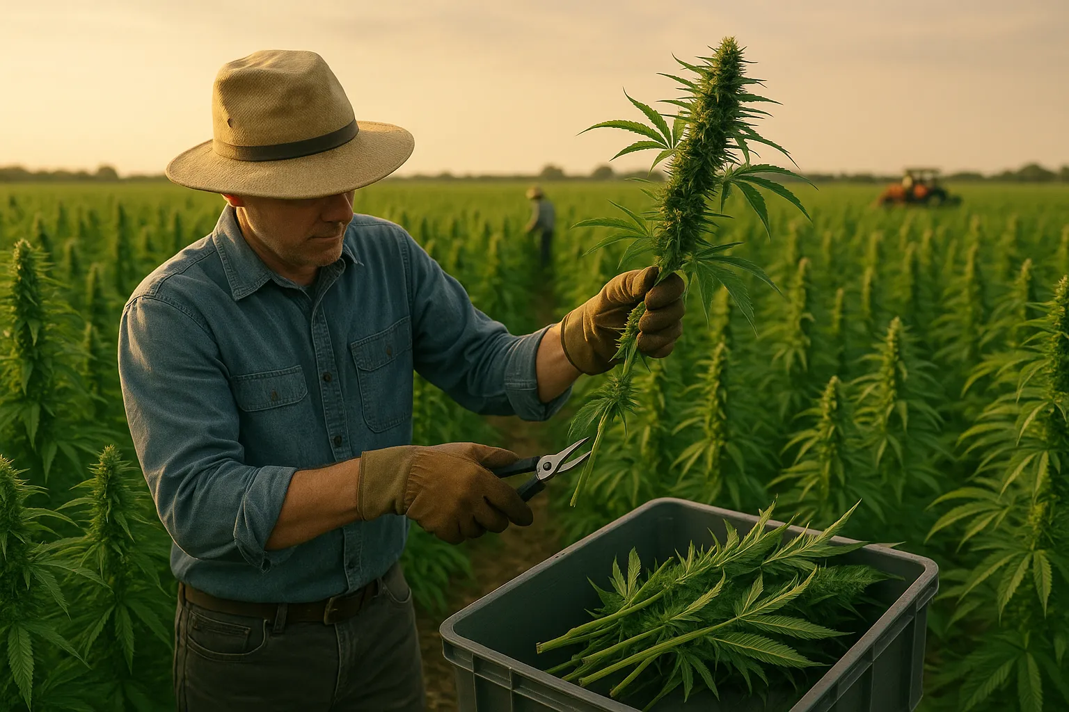 Farmer harvesting hemp plants in the field