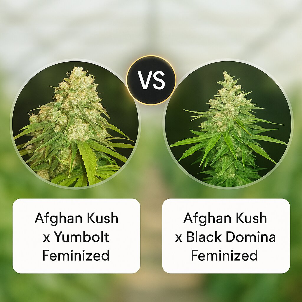Afghan Kush x Yumbolt (World of Seeds) vs Afghan Kush x Black Domina (World of Seeds) cannabis seeds comparison