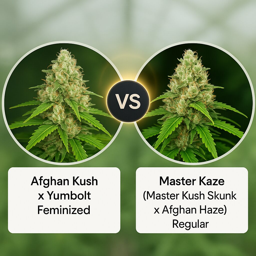 Afghan Kush x Yumbolt (World of Seeds) vs Master Kaze (Master Kush Skunk x Afghan Haze) (Mr Nice Seedbank) cannabis seeds comparison