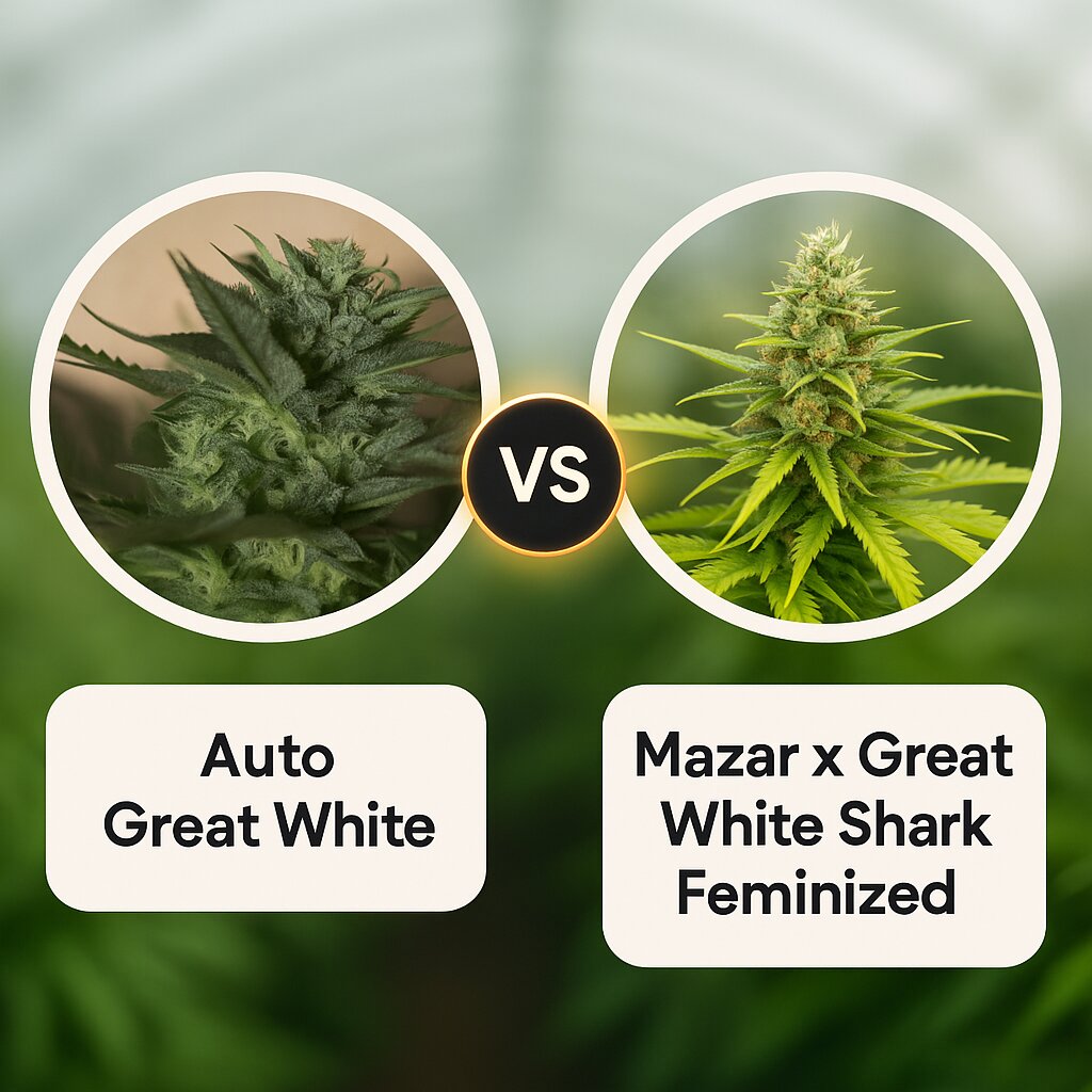 Auto Great White (Seedsman) vs Mazar x Great White Shark (World of Seeds) cannabis seeds comparison
