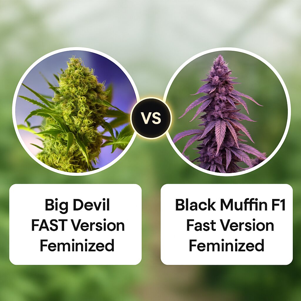 Big Devil FAST Version (Sweet Seeds) vs Black Muffin F1 Fast Version (Sweet Seeds) cannabis seeds comparison