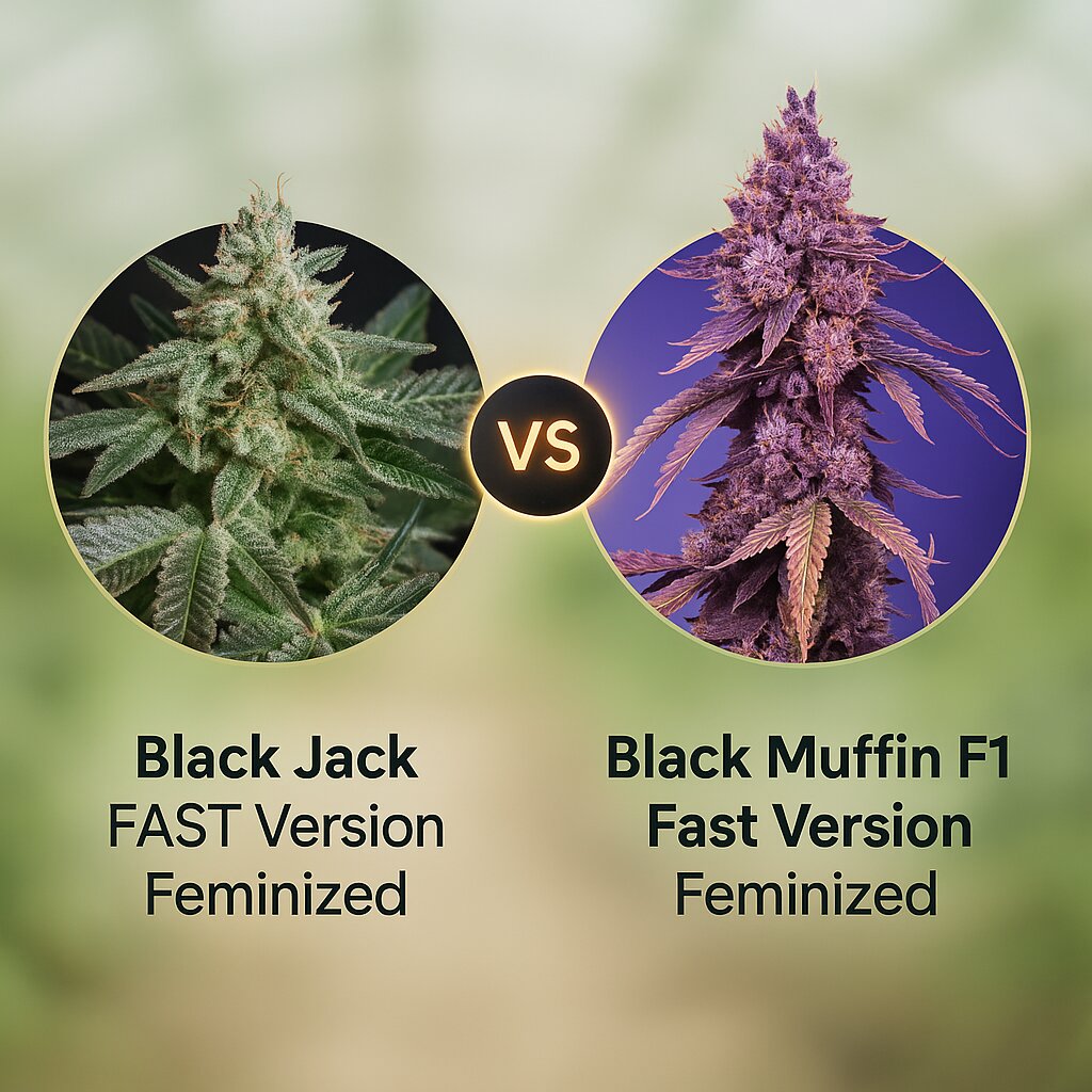 Black Jack FAST Version (Sweet Seeds) vs Black Muffin F1 Fast Version (Sweet Seeds) cannabis seeds comparison
