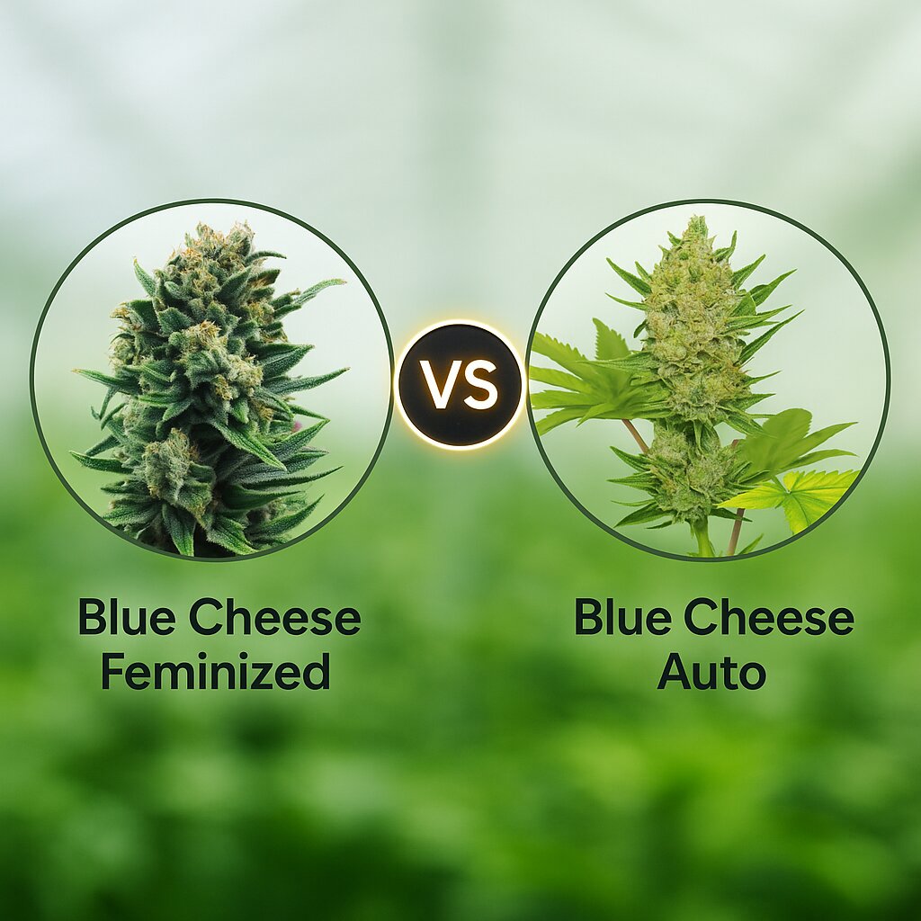 Blue Cheese (Royal Queen Seeds) vs Blue Cheese Auto (Barneys Farm) cannabis seeds comparison