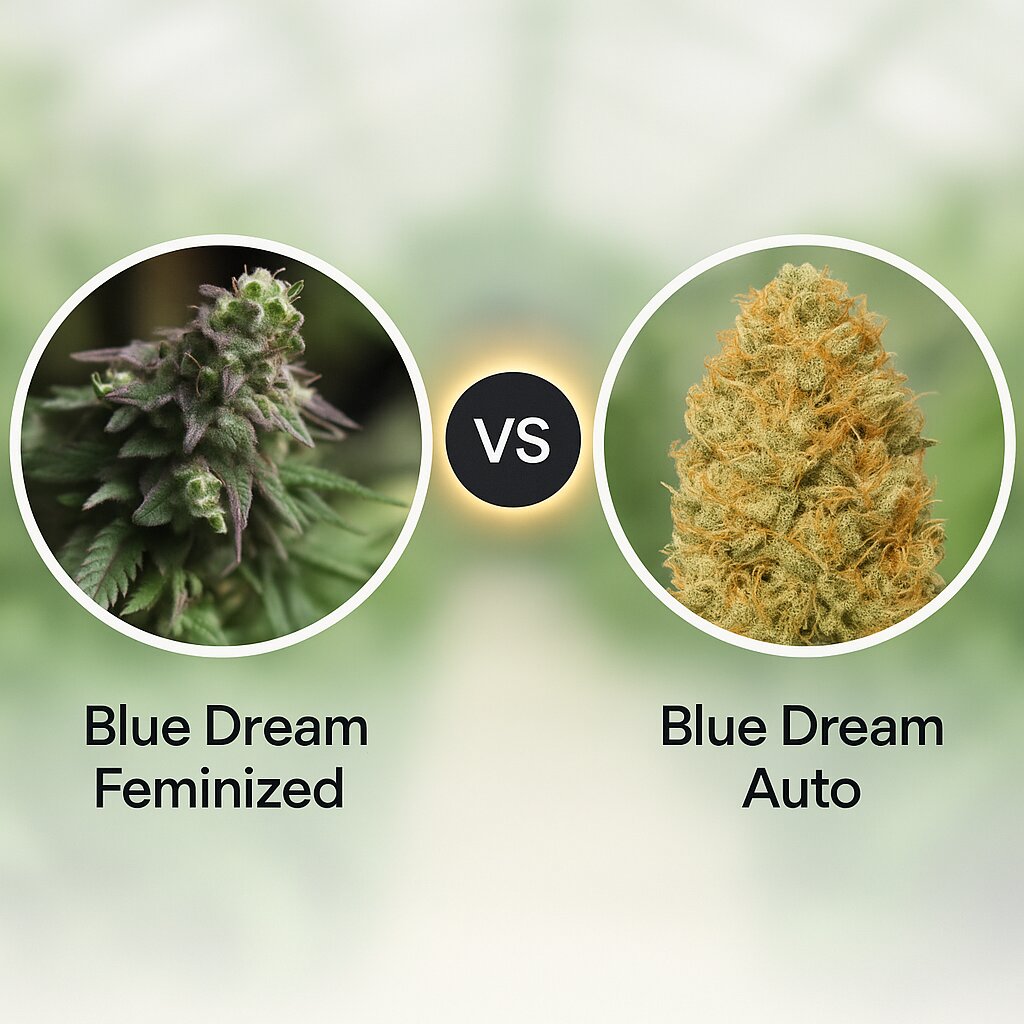 Blue Dream (Bulldog Seeds) vs Blue Dream Auto (Humboldt Seed Organization) cannabis seeds comparison