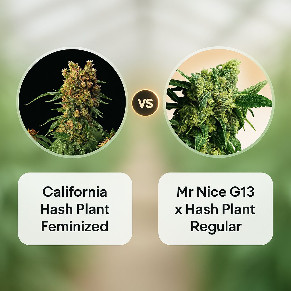 California Hash Plant (DinaFem Seeds) vs Mr Nice G13 x Hash Plant (Sensi Seeds) cannabis seeds comparison