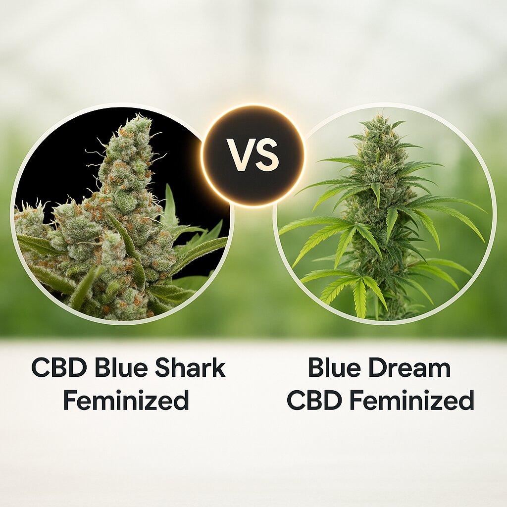 CBD Blue Shark (Barneys Farm) vs Blue Dream CBD (Humboldt Seed Organization) cannabis seeds comparison