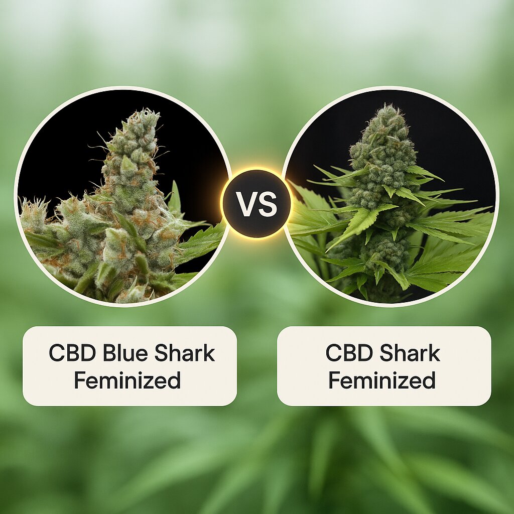 CBD Blue Shark (Barneys Farm) vs CBD Shark (CBD Crew) cannabis seeds comparison