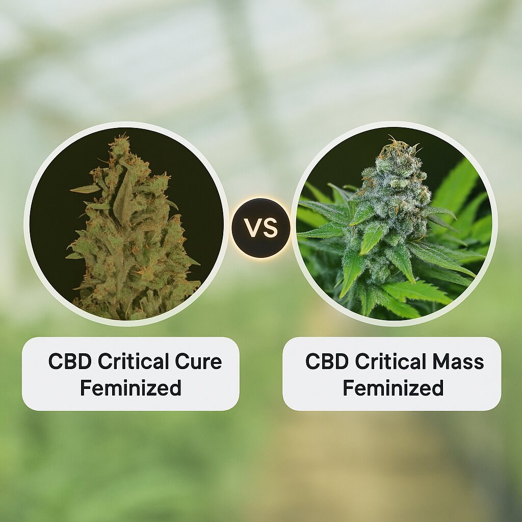 CBD Critical Cure (Barneys Farm) vs CBD Critical Mass (CBD Crew) cannabis seeds comparison