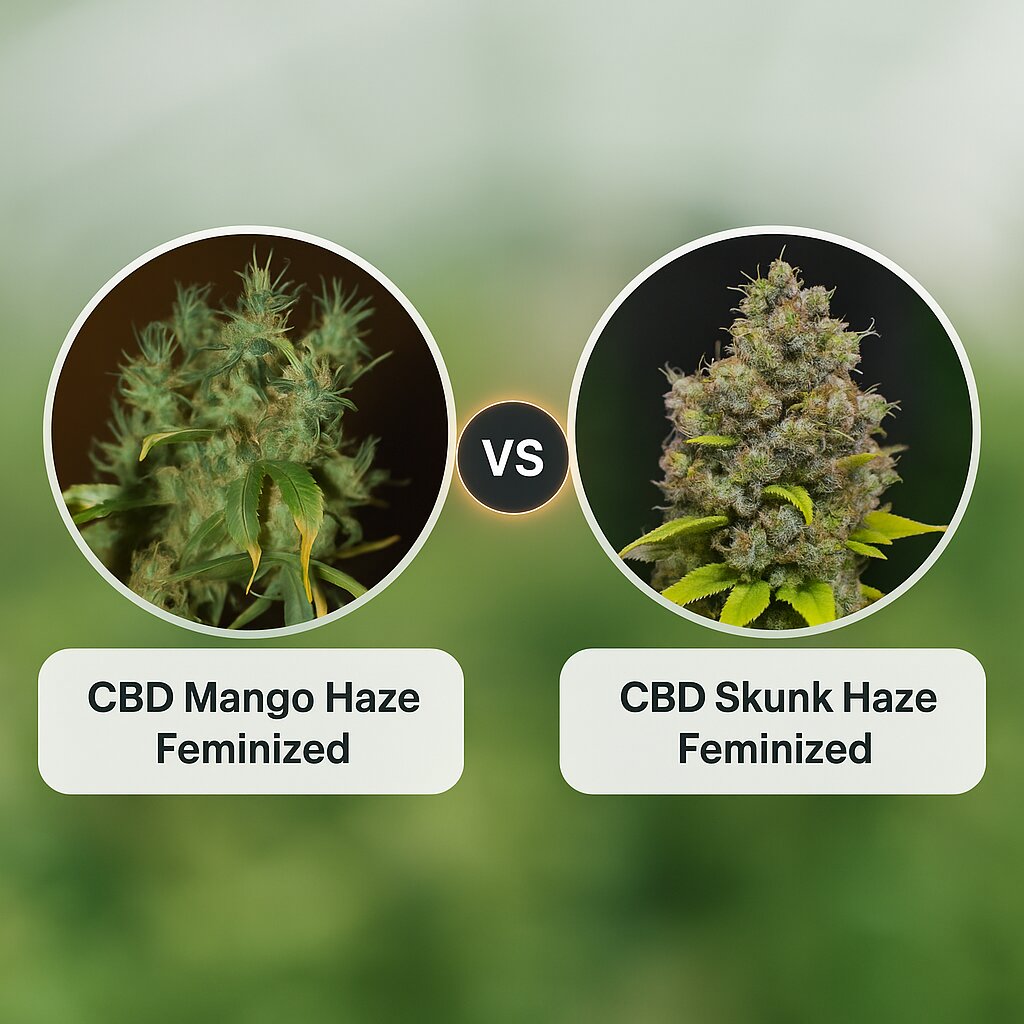 CBD Mango Haze (CBD Crew) vs CBD Skunk Haze (CBD Crew) cannabis seeds comparison
