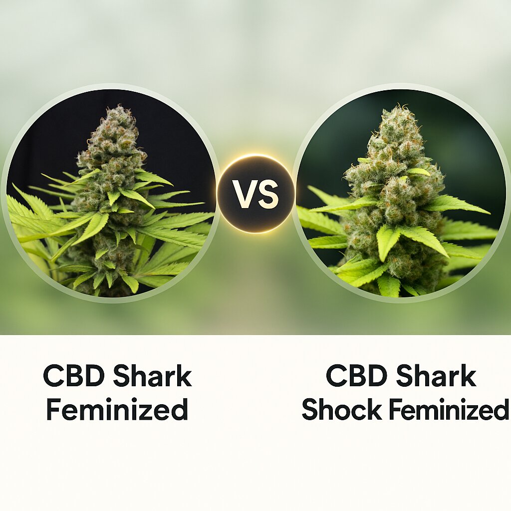 CBD Shark (CBD Crew) vs CBD Shark Shock (Seedsman) cannabis seeds comparison