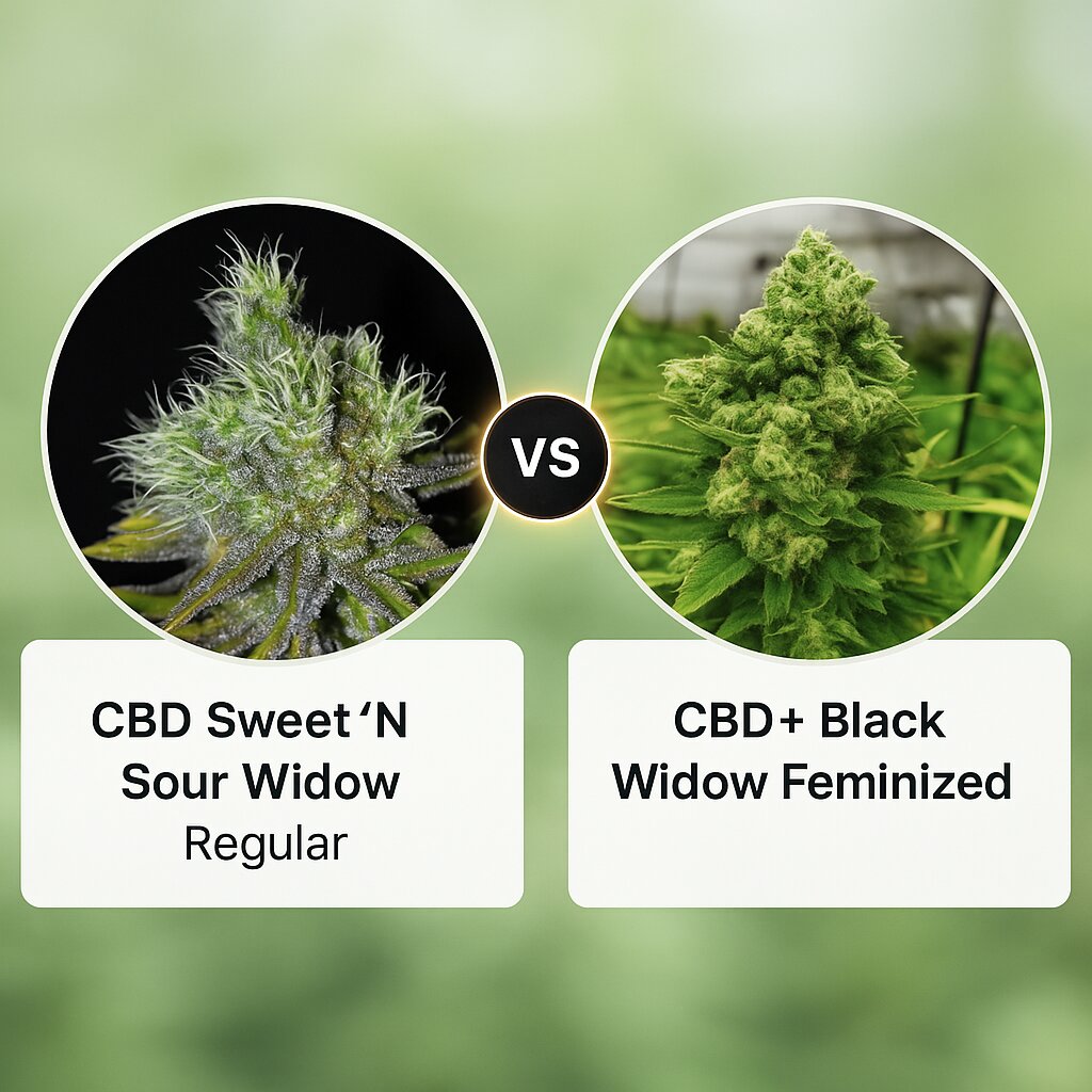CBD Sweet 'N Sour Widow (Seedsman) vs CBD+ Black Widow (Positronics) cannabis seeds comparison