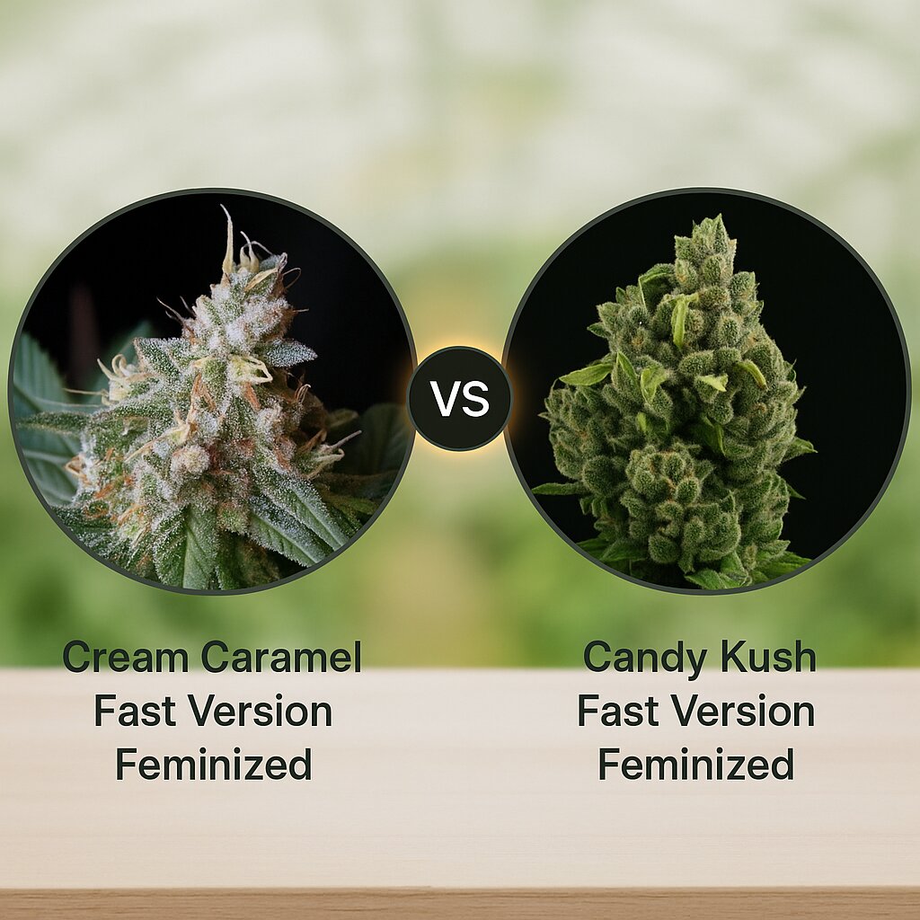 Cream Caramel Fast Version (Sweet Seeds) vs Candy Kush Fast Version (Royal Queen Seeds) cannabis seeds comparison