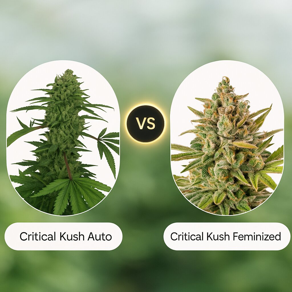 Critical Kush Auto (Barneys Farm) vs Critical Kush (DinaFem Seeds) cannabis seeds comparison