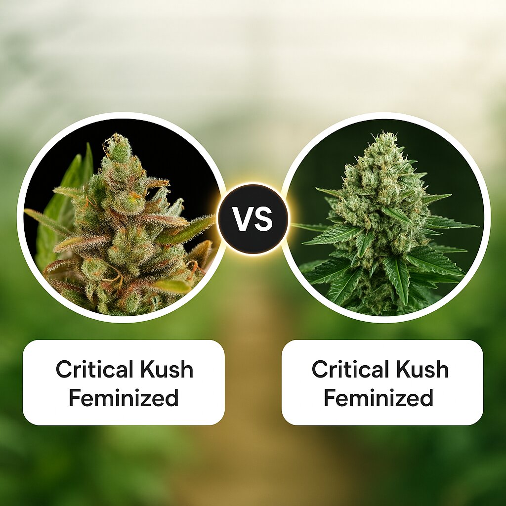 Critical Kush (DinaFem Seeds) vs Critical Kush (Royal Queen Seeds) cannabis seeds comparison