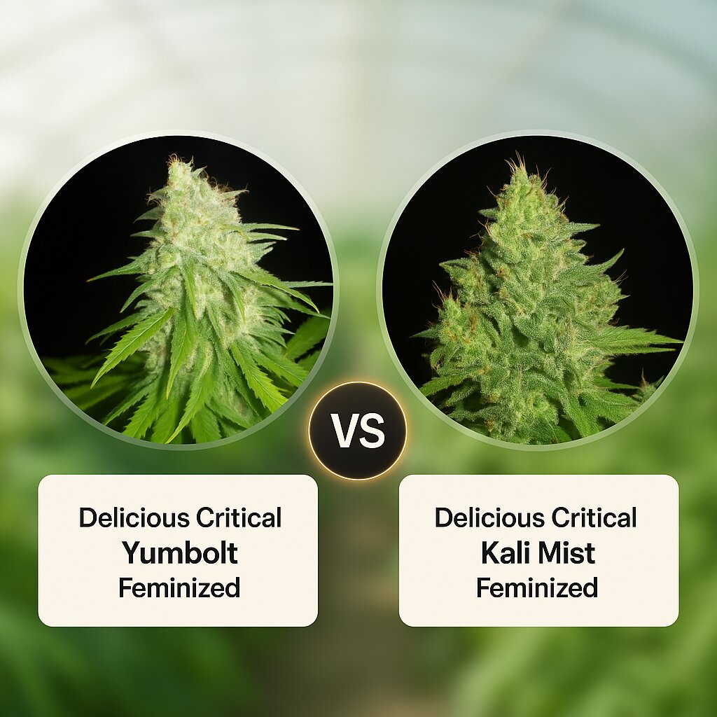 Delicious Critical Yumbolt (Delicious Seeds) vs Delicious Critical Kali Mist (Delicious Seeds) cannabis seeds comparison