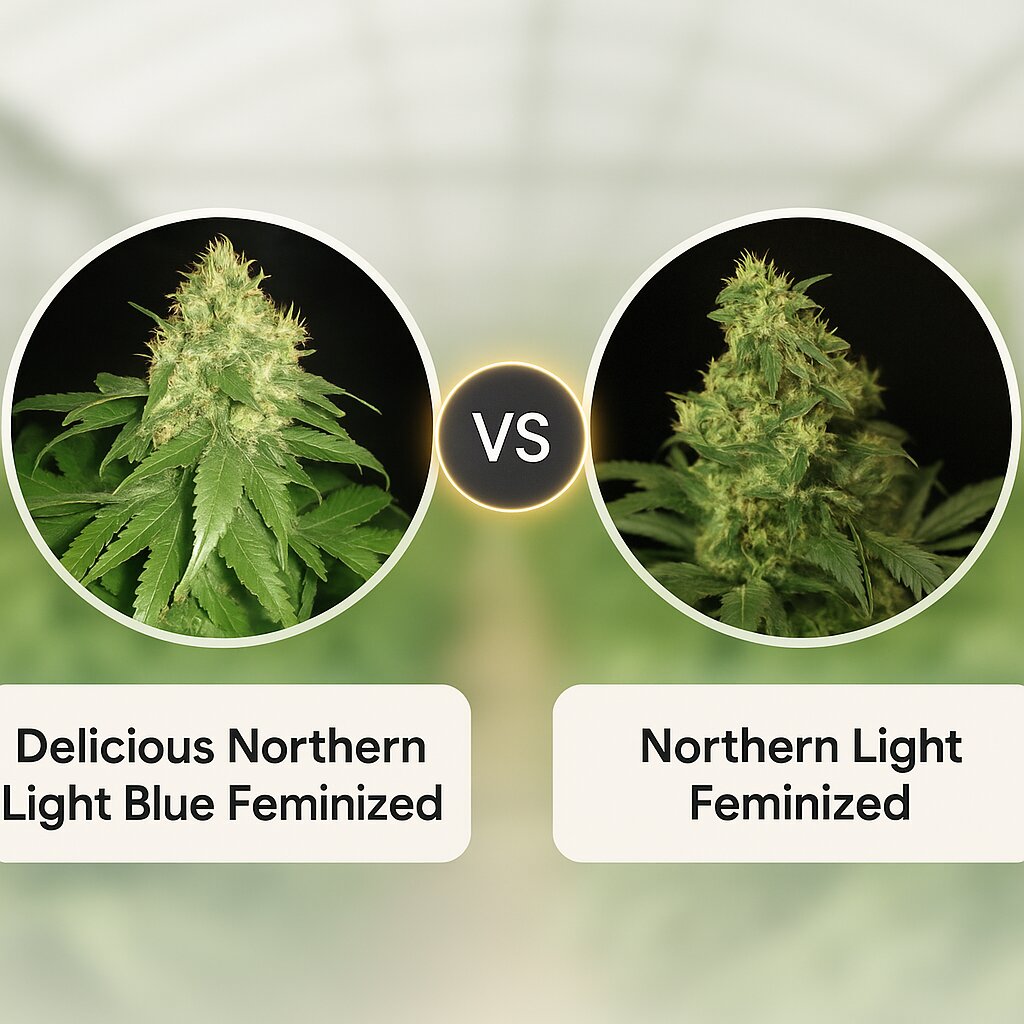 Delicious Northern Light Blue (Delicious Seeds) vs Northern Light (Bulldog Seeds) cannabis seeds comparison