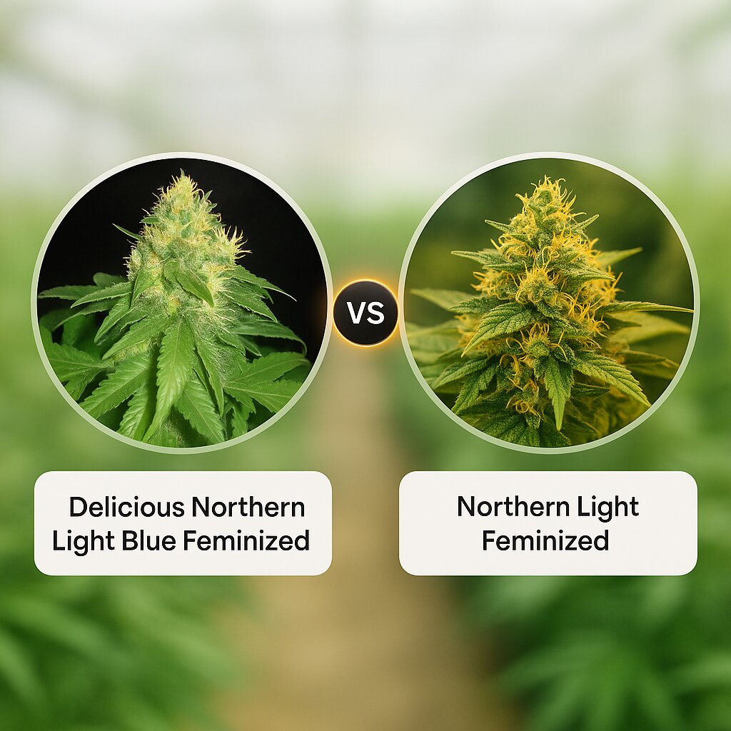 Delicious Northern Light Blue (Delicious Seeds) vs Northern Light (Nirvana Seeds) cannabis seeds comparison