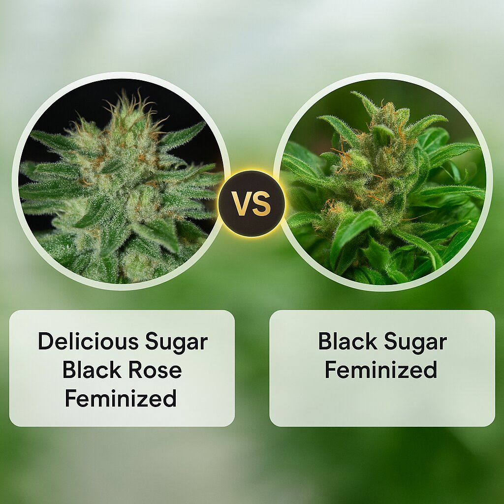 Delicious Sugar Black Rose (Delicious Seeds) vs Black Sugar (Female Seeds) cannabis seeds comparison
