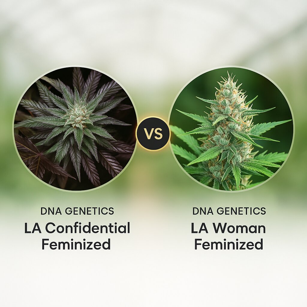 DNA Genetics LA Confidential (DNA Genetics) vs DNA Genetics LA Woman (DNA Genetics) cannabis seeds comparison