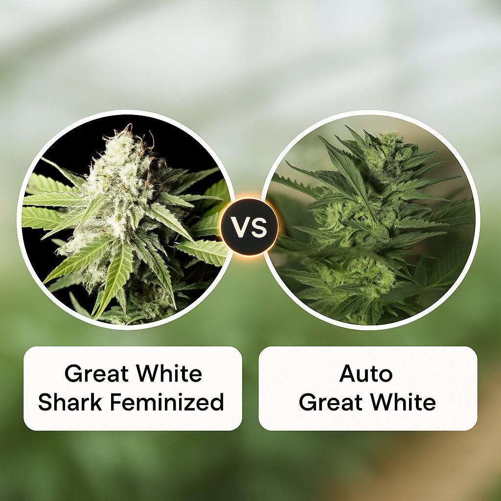 Great White Shark (Greenhouse Seed Co) vs Auto Great White (Seedsman) cannabis seeds comparison