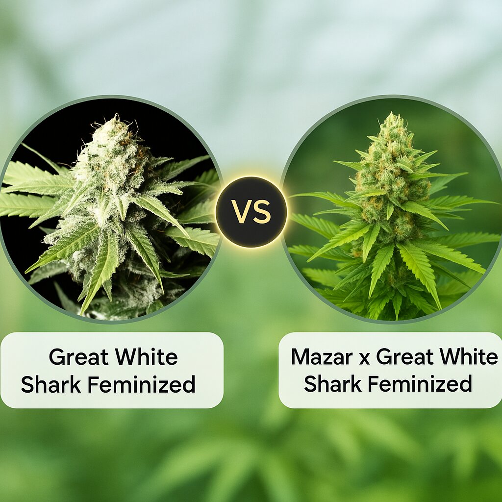 Great White Shark (Greenhouse Seed Co) vs Mazar x Great White Shark (World of Seeds) cannabis seeds comparison
