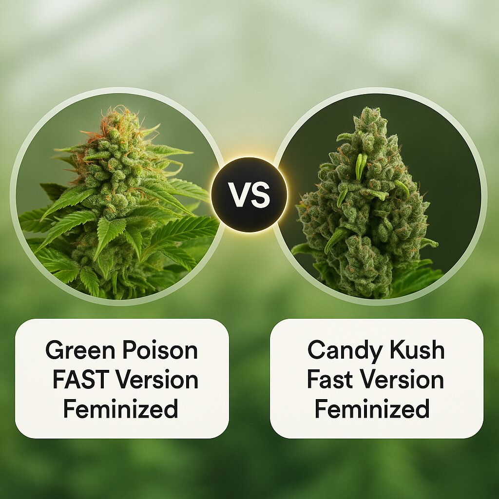 Green Poison FAST Version (Sweet Seeds) vs Candy Kush Fast Version (Royal Queen Seeds) cannabis seeds comparison