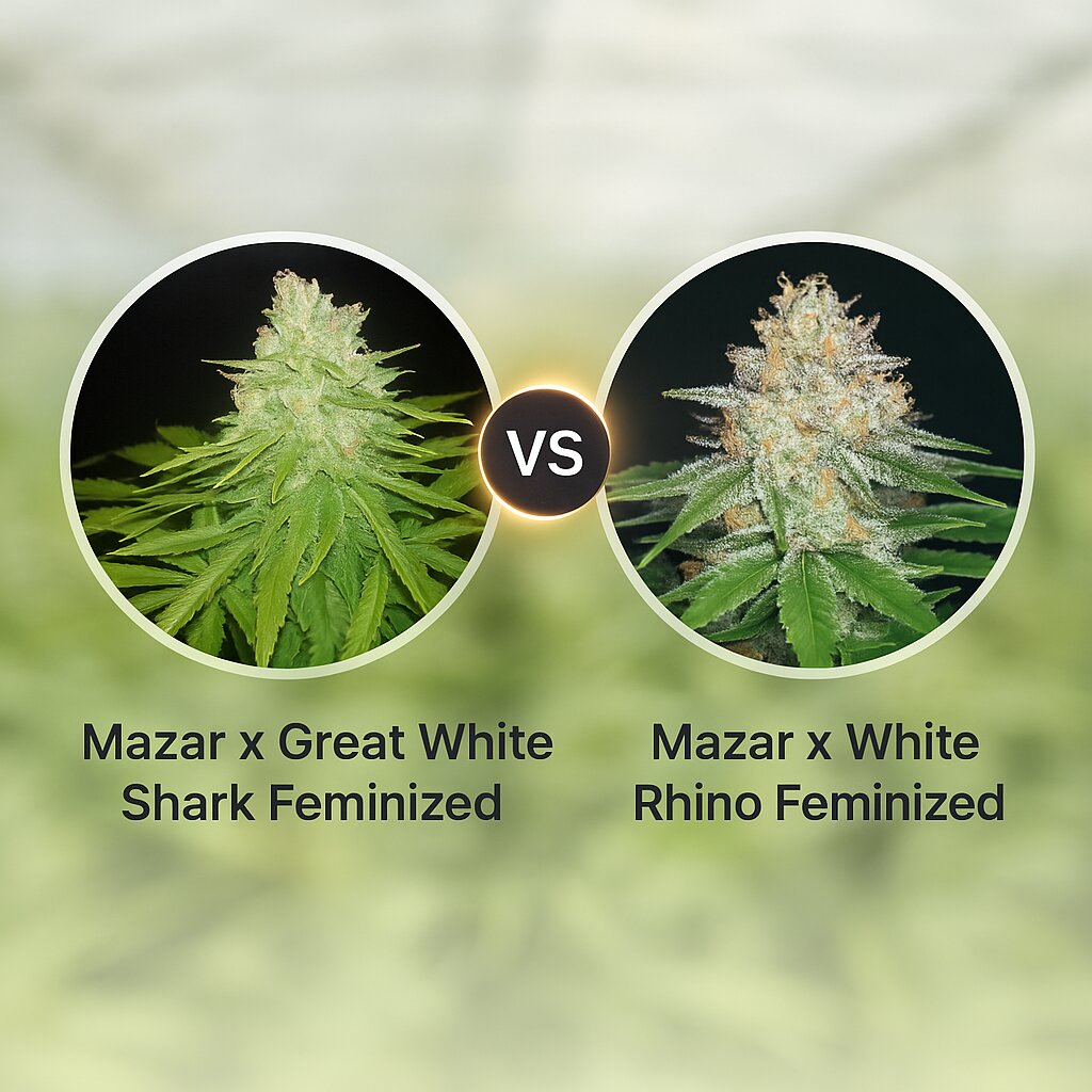 Mazar x Great White Shark (World of Seeds) vs Mazar x White Rhino (World of Seeds) cannabis seeds comparison