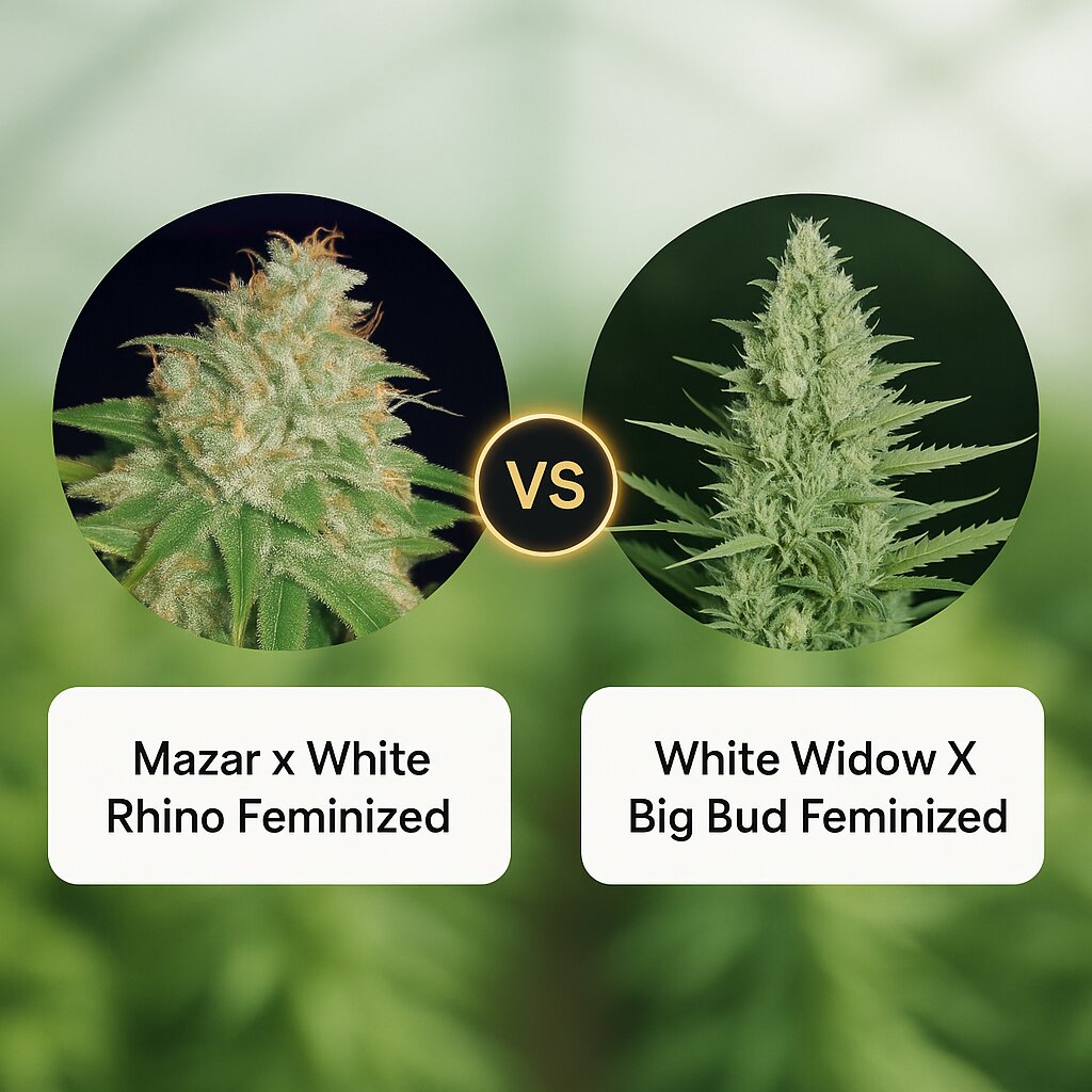 Mazar x White Rhino (World of Seeds) vs White Widow X Big Bud (Female Seeds) cannabis seeds comparison