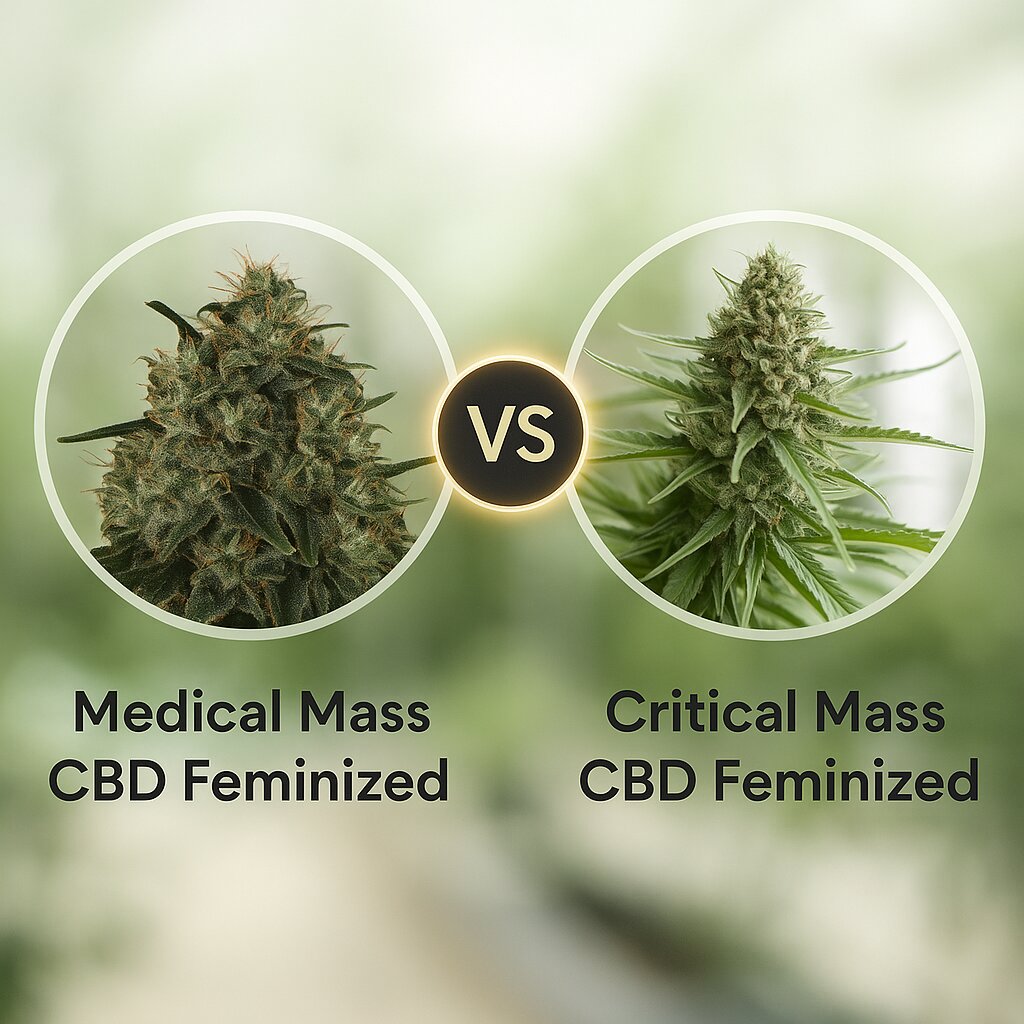 Medical Mass CBD (Royal Queen Seeds) vs Critical Mass CBD (DinaFem Seeds) cannabis seeds comparison