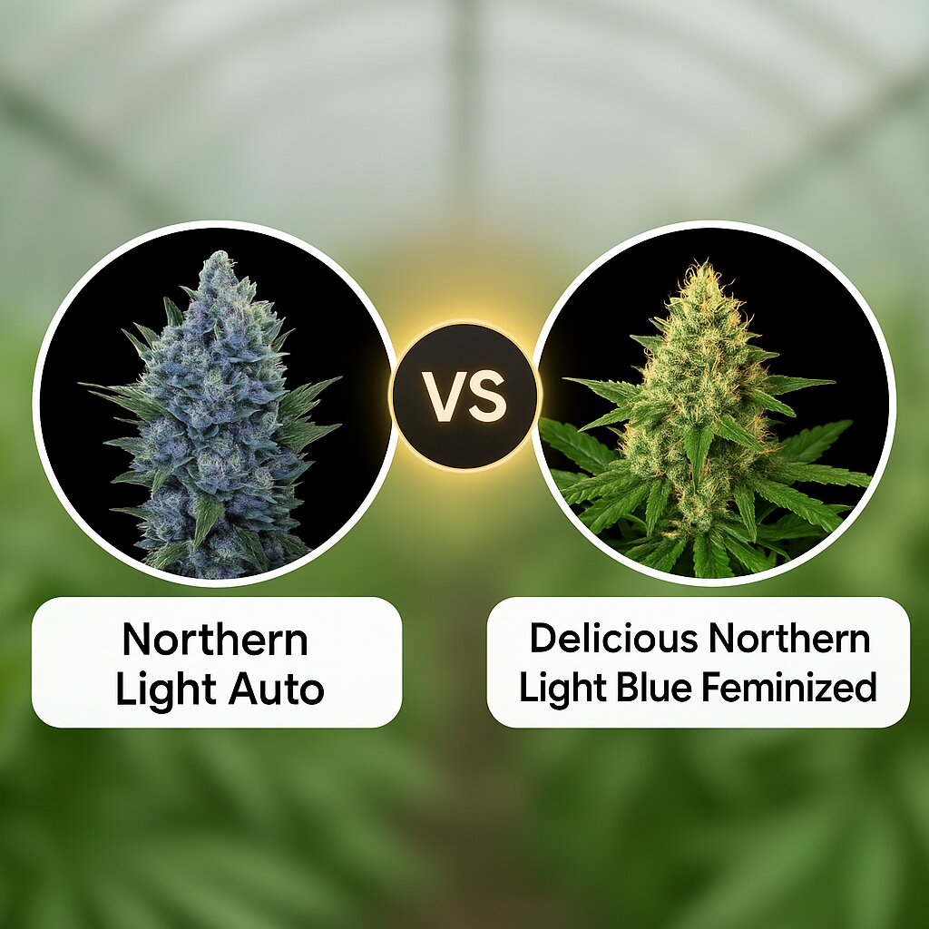 Northern Light Auto (Royal Queen Seeds) vs Delicious Northern Light Blue (Delicious Seeds) cannabis seeds comparison