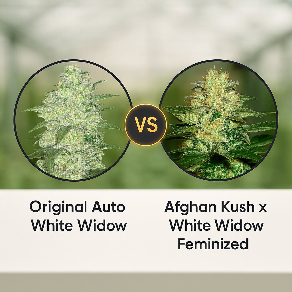 Original Auto White Widow (FastBuds) vs Afghan Kush x White Widow (World of Seeds) cannabis seeds comparison