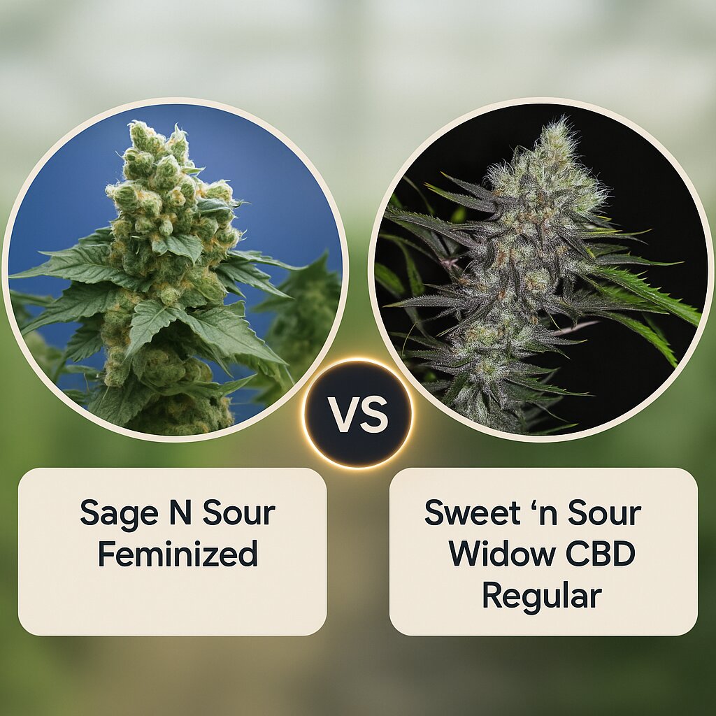 Sage N Sour (TH Seeds) vs Sweet 'n Sour Widow CBD (CBD Crew) cannabis seeds comparison