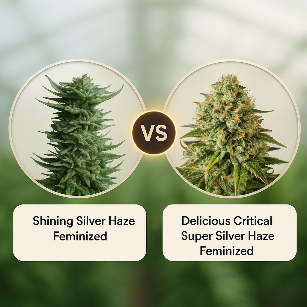 Shining Silver Haze (Royal Queen Seeds) vs Delicious Critical Super Silver Haze (Delicious Seeds) cannabis seeds comparison