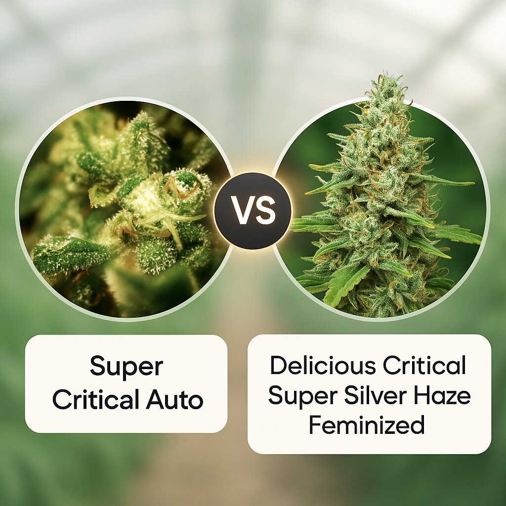Super Critical Auto (Greenhouse Seed Co) vs Delicious Critical Super Silver Haze (Delicious Seeds) cannabis seeds comparison