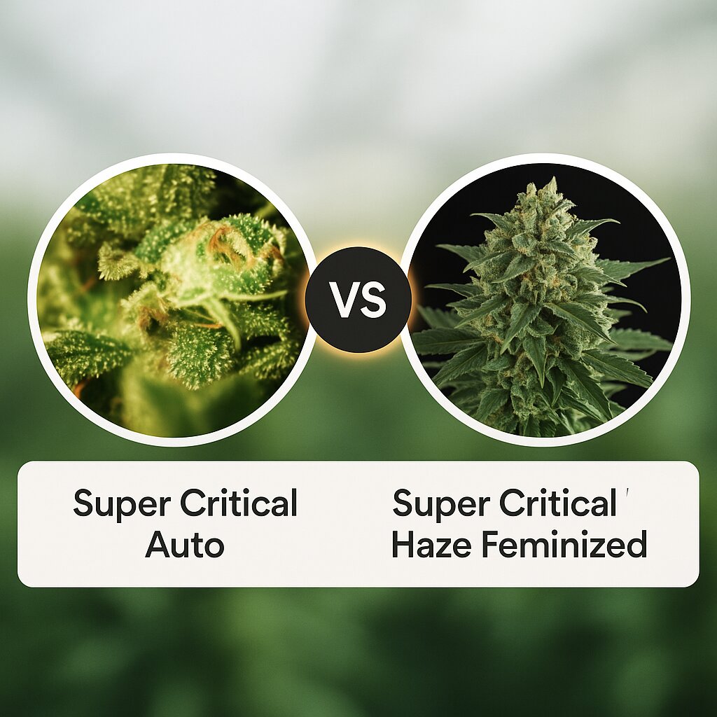 Super Critical Auto (Greenhouse Seed Co) vs Super Critical Haze (DinaFem Seeds) cannabis seeds comparison