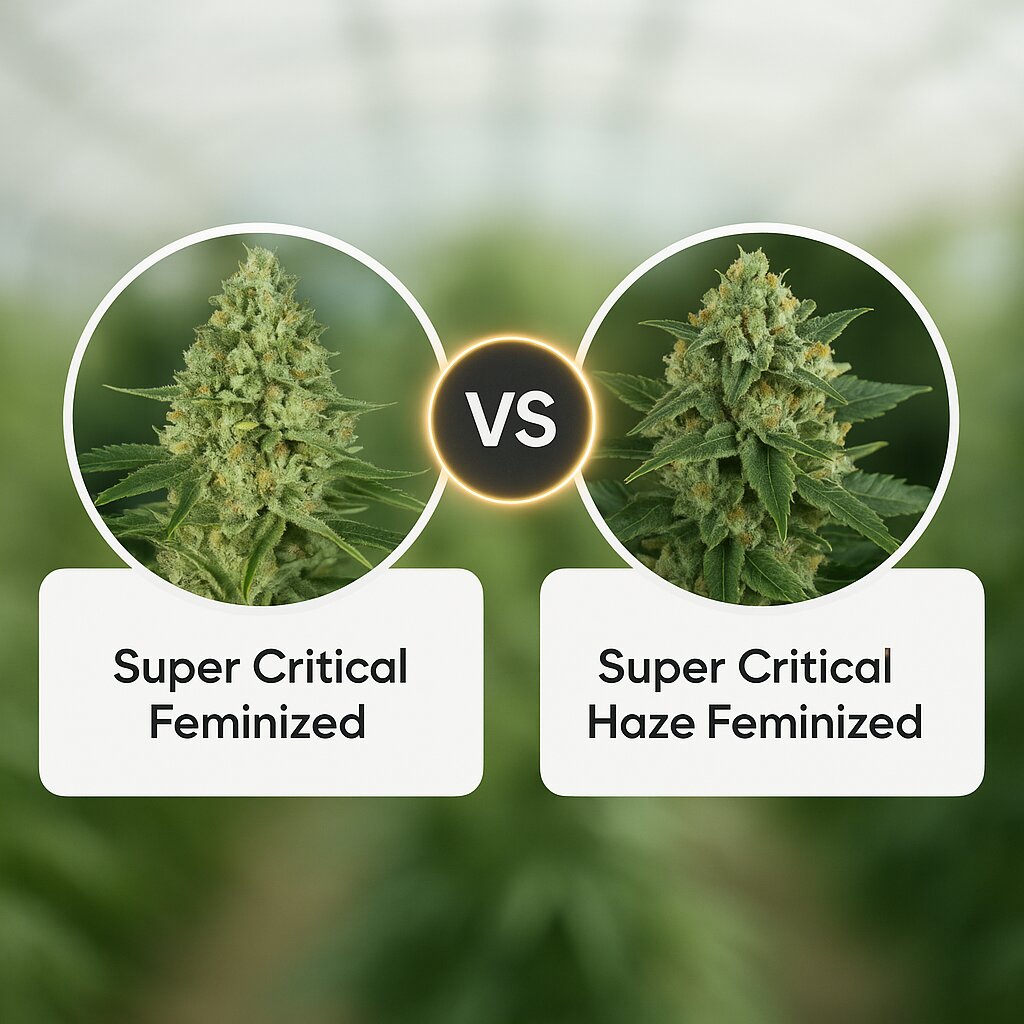 Super Critical (Greenhouse Seed Co) vs Super Critical Haze (DinaFem Seeds) cannabis seeds comparison