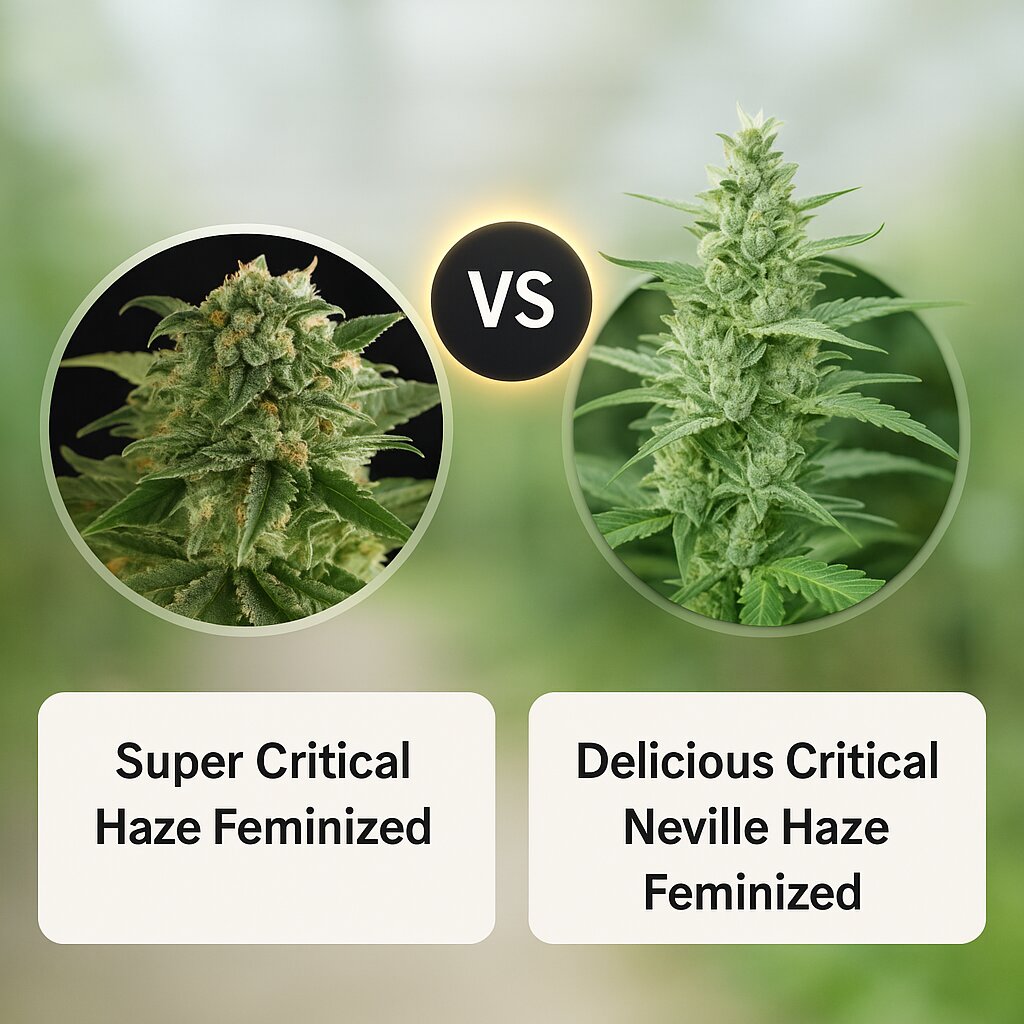 Super Critical Haze (DinaFem Seeds) vs Delicious Critical Neville Haze (Delicious Seeds) cannabis seeds comparison