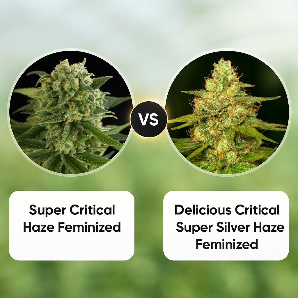 Super Critical Haze (DinaFem Seeds) vs Delicious Critical Super Silver Haze (Delicious Seeds) cannabis seeds comparison