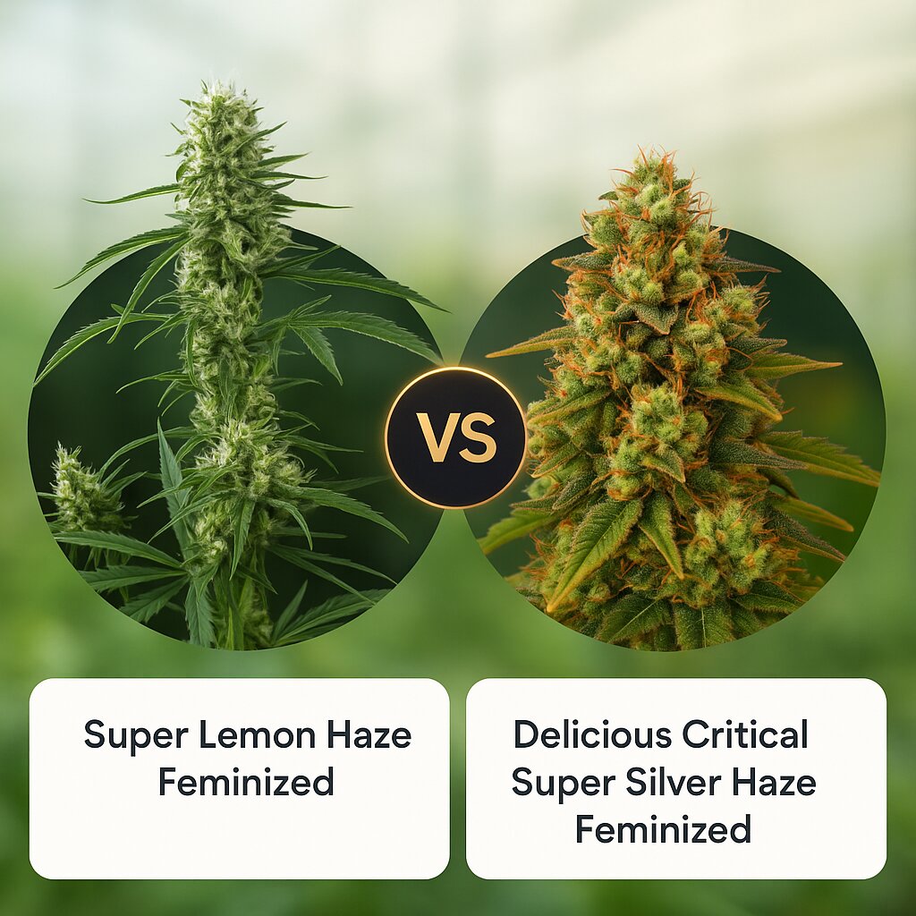 Super Lemon Haze (Greenhouse Seed Co) vs Delicious Critical Super Silver Haze (Delicious Seeds) cannabis seeds comparison