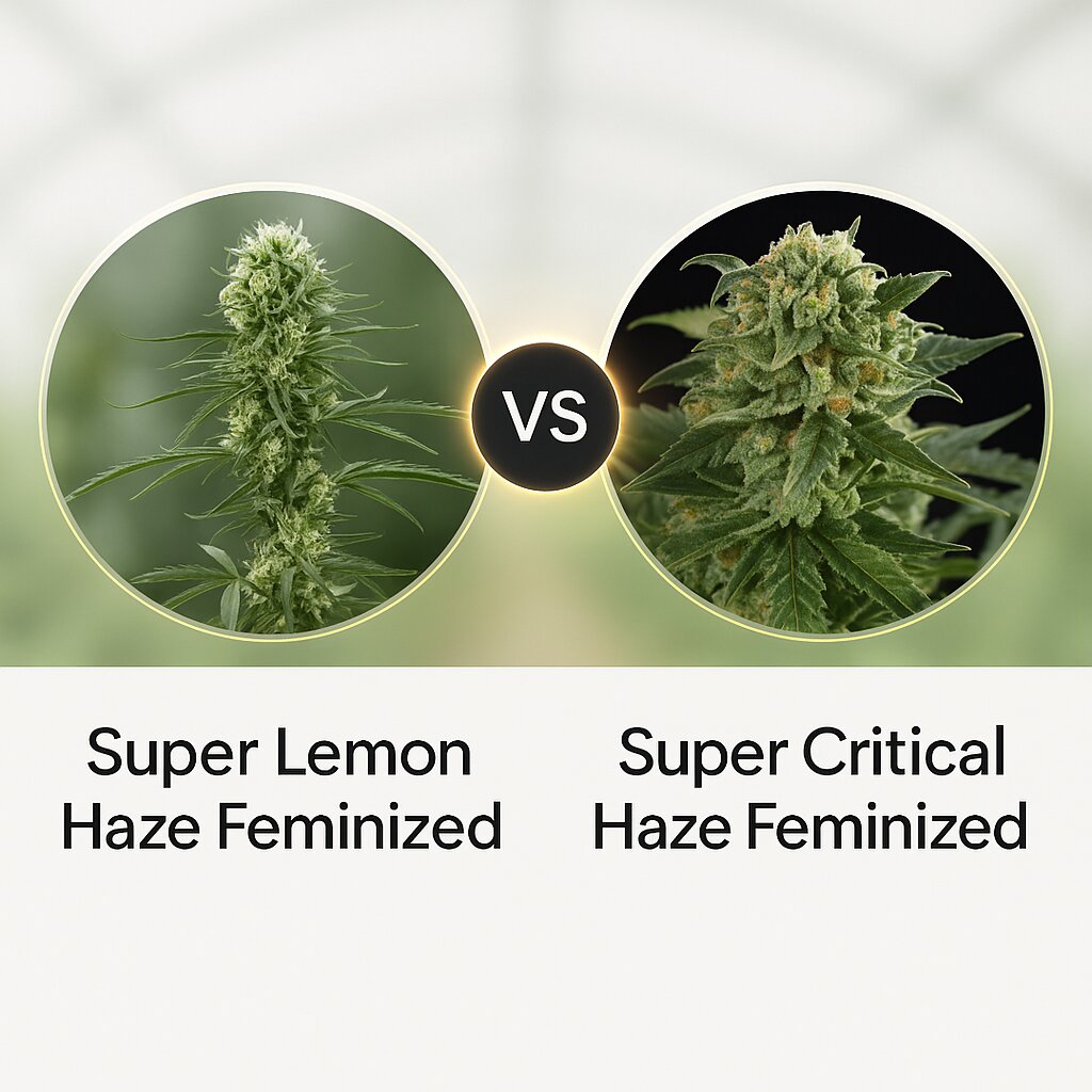 Super Lemon Haze (Greenhouse Seed Co) vs Super Critical Haze (DinaFem Seeds) cannabis seeds comparison