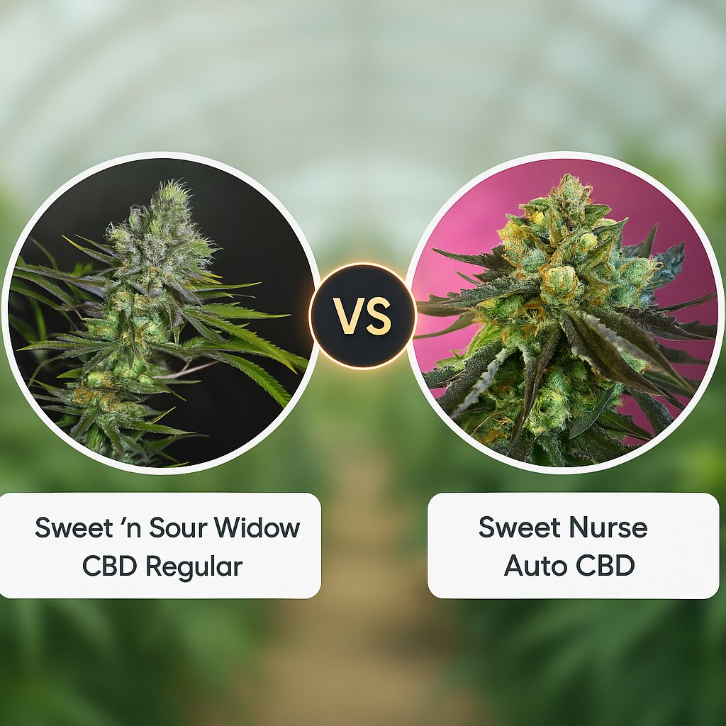 Sweet 'n Sour Widow CBD (CBD Crew) vs Sweet Nurse Auto CBD (Sweet Seeds) cannabis seeds comparison
