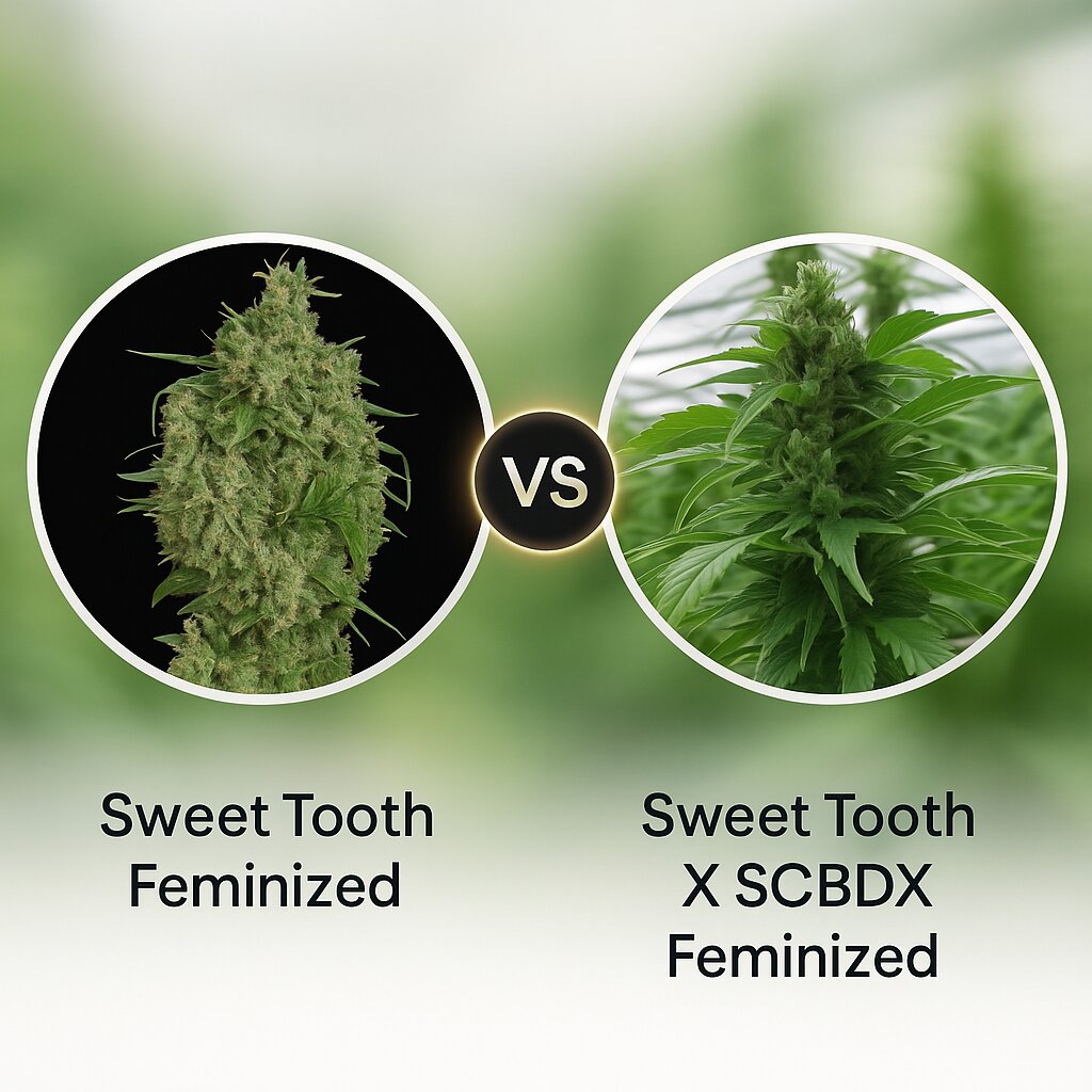 Sweet Tooth (Barneys Farm) vs Sweet Tooth X SCBDX (SuperCBDx) cannabis seeds comparison