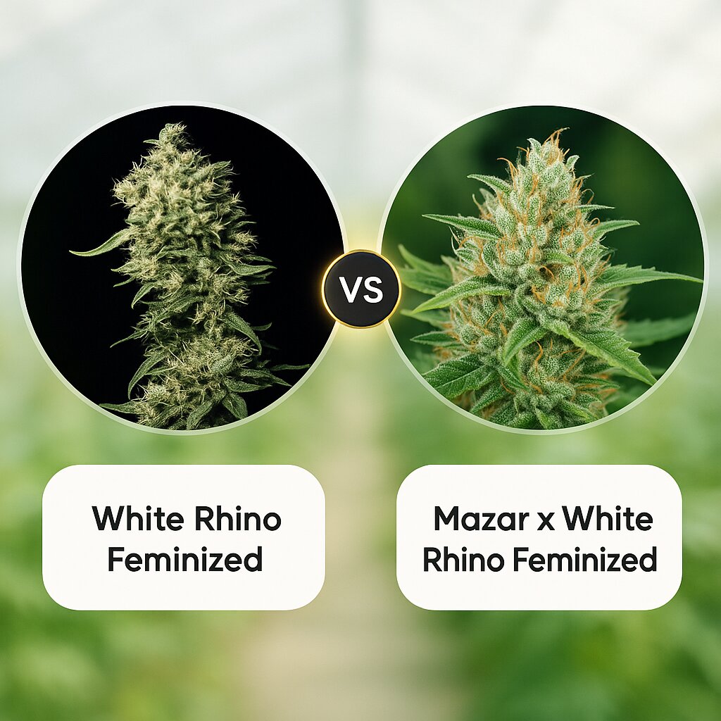 White Rhino (Greenhouse Seed Co) vs Mazar x White Rhino (World of Seeds) cannabis seeds comparison