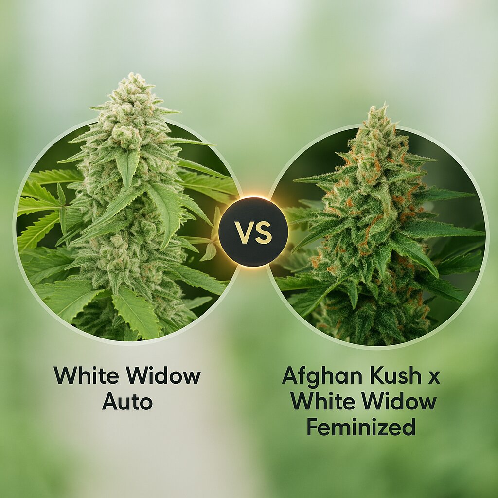 White Widow Auto (DinaFem Seeds) vs Afghan Kush x White Widow (World of Seeds) cannabis seeds comparison