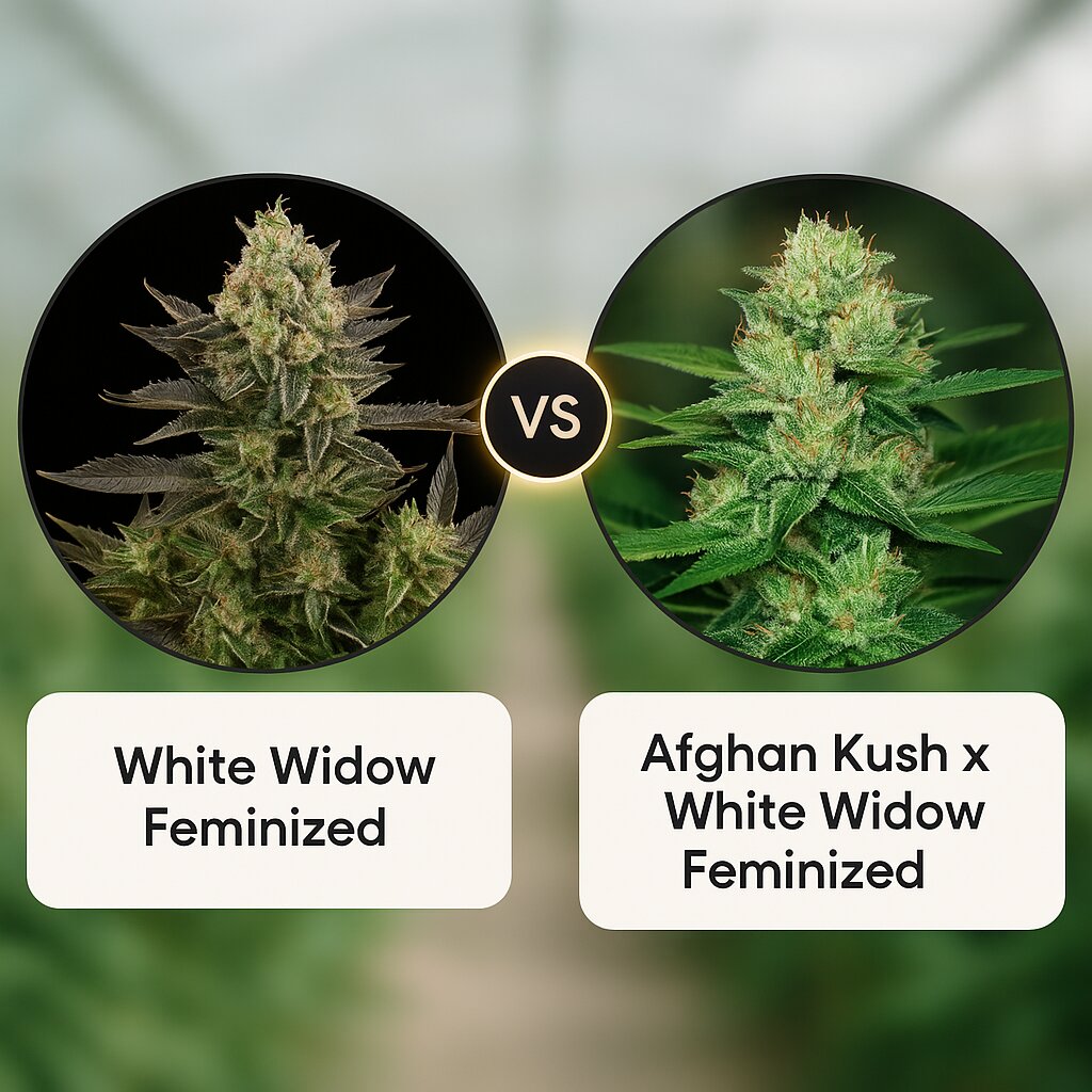 White Widow (DinaFem Seeds) vs Afghan Kush x White Widow (World of Seeds) cannabis seeds comparison