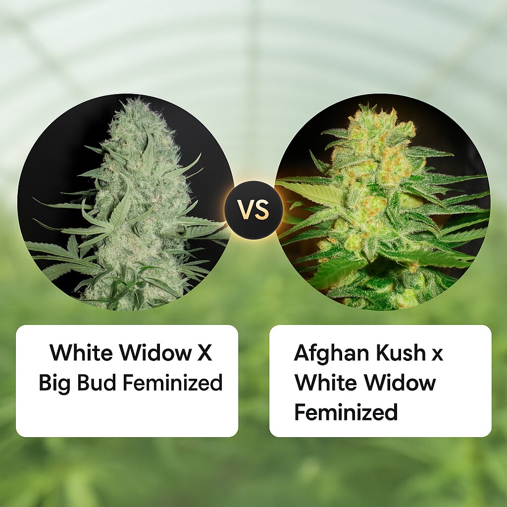 White Widow X Big Bud (Female Seeds) vs Afghan Kush x White Widow (World of Seeds) cannabis seeds comparison